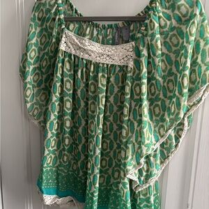 Unk Teal and Lime Patterned Peasant Tunic with Crochet Detail